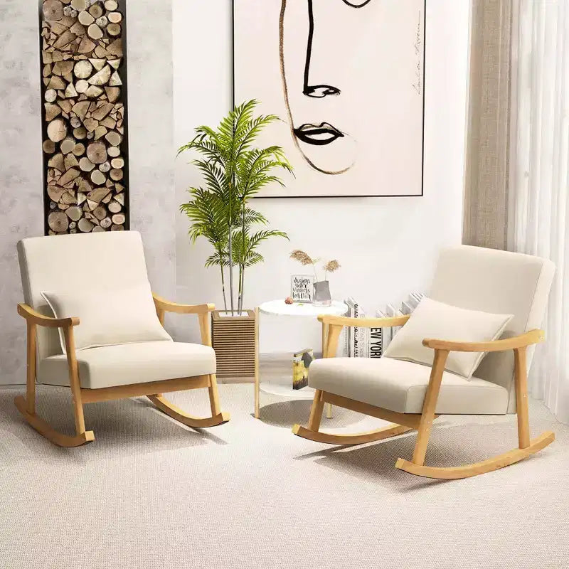Costway Lot de 1 ou 2 fauteuils à bascule rembourrés avec oreiller et cadre en bois d'hévéa beige