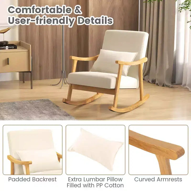 Costway Lot de 1 ou 2 fauteuils à bascule rembourrés avec oreiller et cadre en bois d'hévéa beige