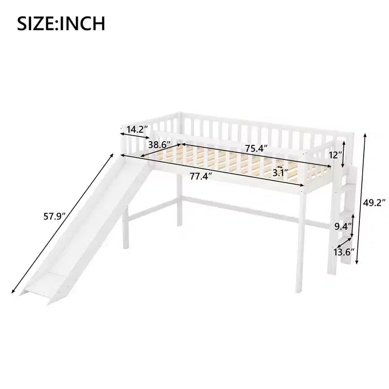 Lit mezzanine bas en bois Whisen de 77,4 L x 40,5 l avec échelle et toboggan, convient aux petits espaces