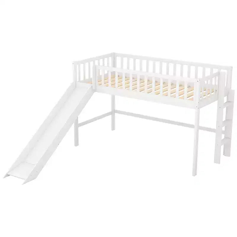 Lit mezzanine bas en bois Whisen de 77,4 L x 40,5 l avec échelle et toboggan, convient aux petits espaces