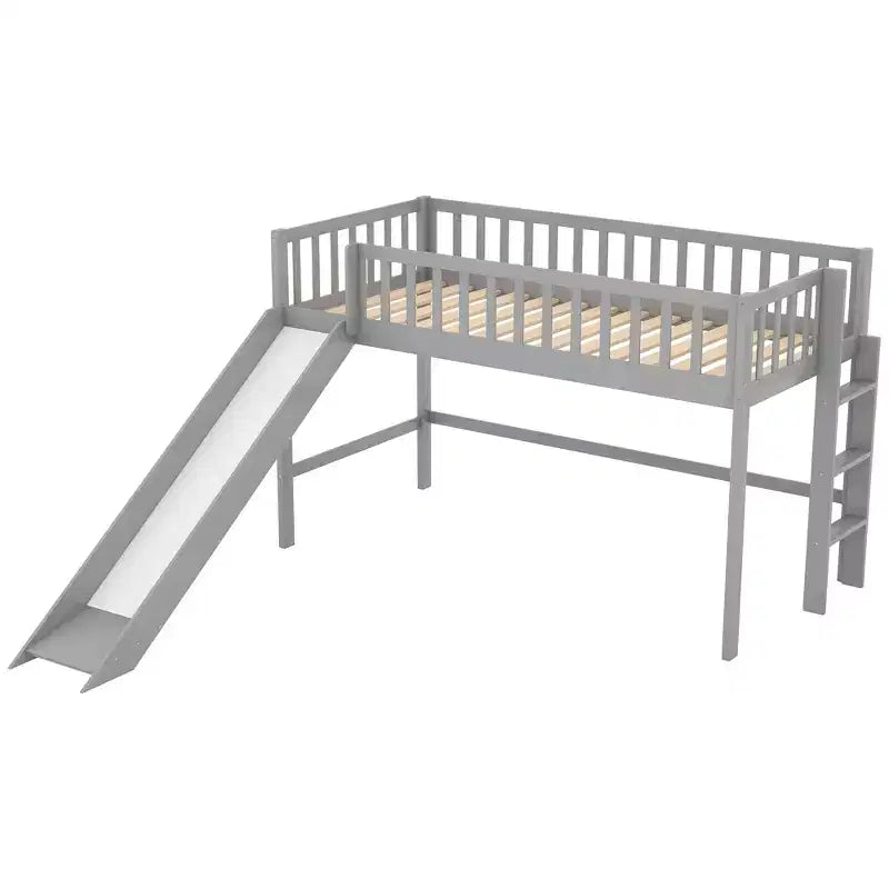 Lit mezzanine bas en bois Whisen de 77,4 L x 40,5 l avec échelle et toboggan, convient aux petits espaces