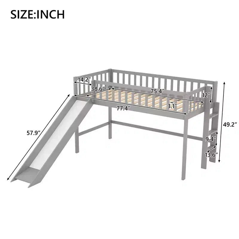 Lit mezzanine bas en bois Whisen de 77,4 L x 40,5 l avec échelle et toboggan, convient aux petits espaces