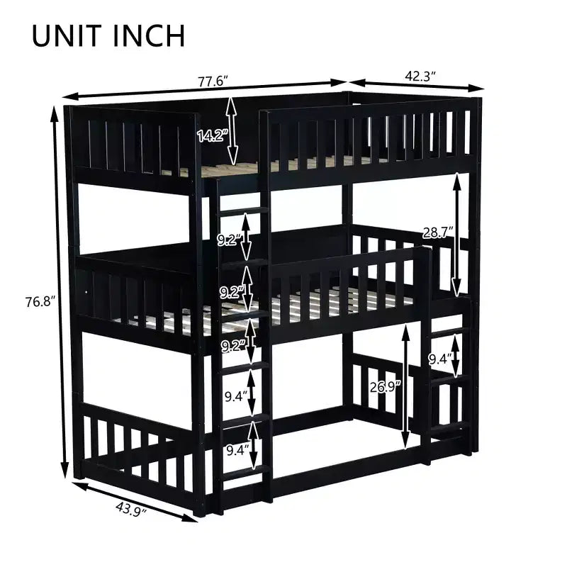 Lit superposé triple en bois d'hévéa, taille double, détachable, avec échelles et garde-corps Whisen