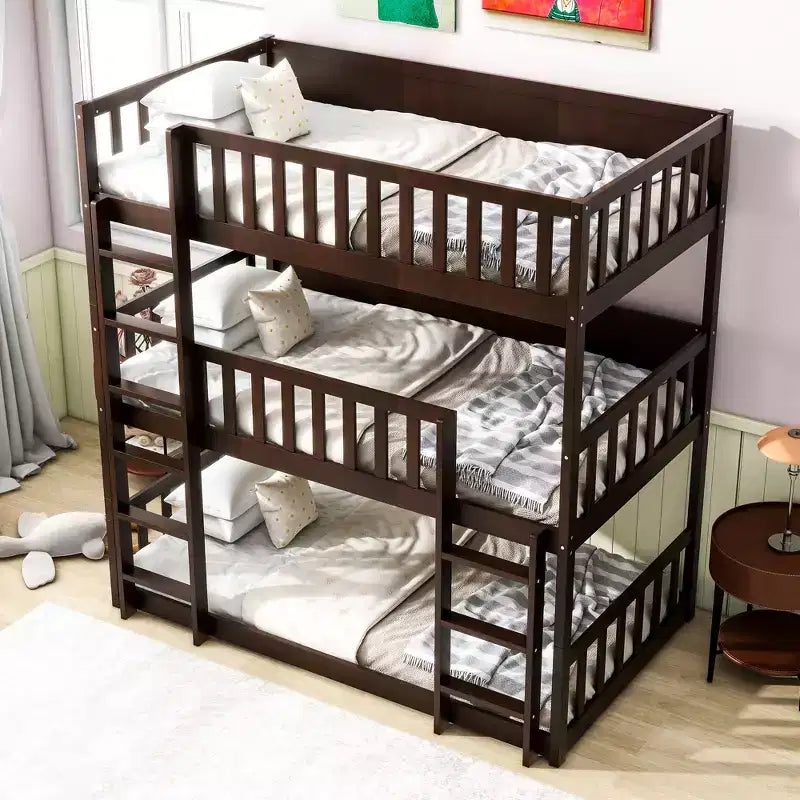 Lit superposé triple en bois d'hévéa, taille double, détachable, avec échelles et garde-corps Whisen
