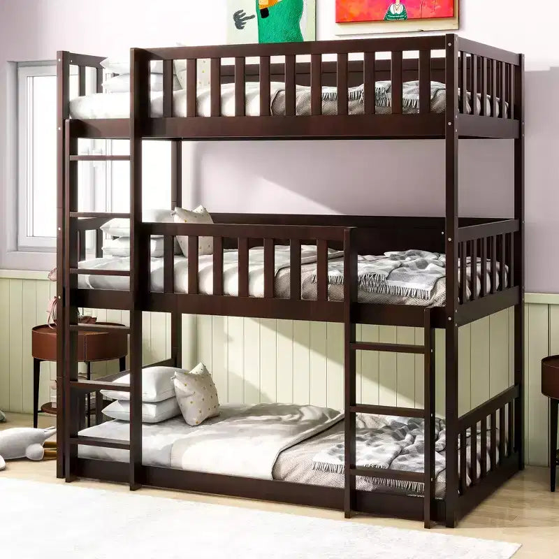 Lit superposé triple en bois d'hévéa, taille double, détachable, avec échelles et garde-corps Whisen