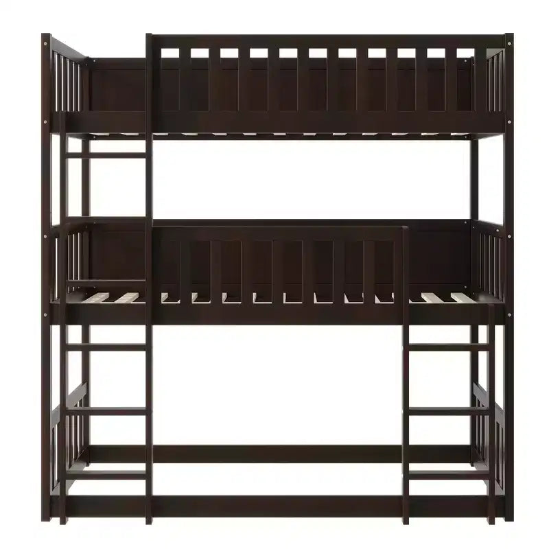 Lit superposé triple en bois d'hévéa, taille double, détachable, avec échelles et garde-corps Whisen