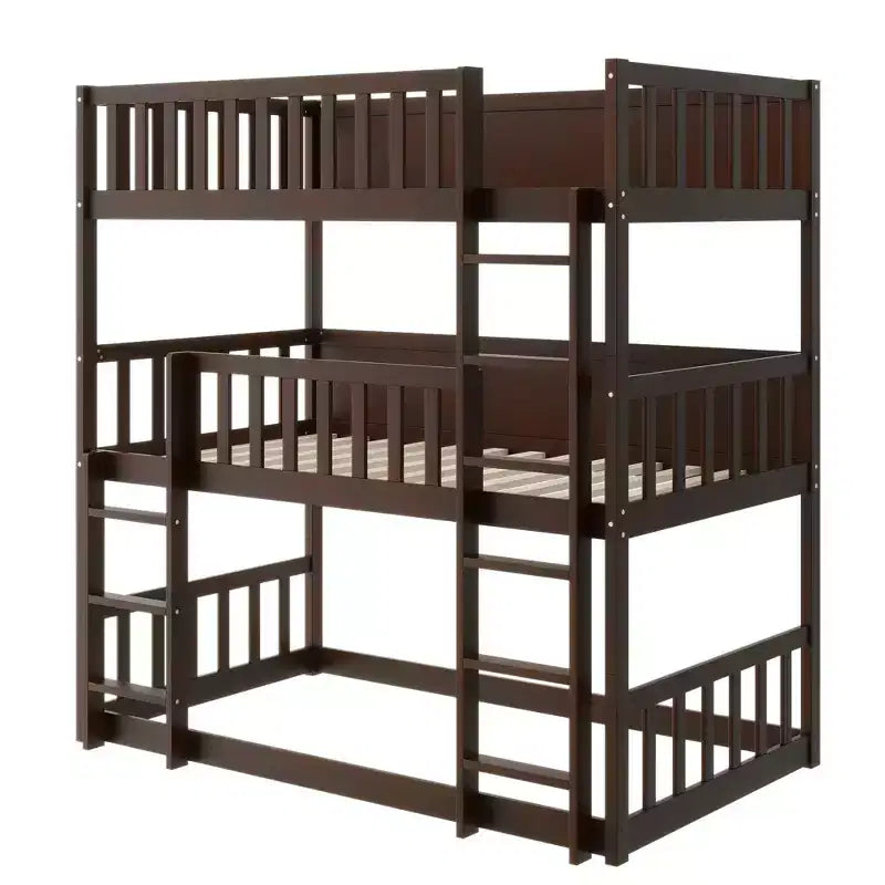 Lit superposé triple en bois d'hévéa, taille double, détachable, avec échelles et garde-corps Whisen