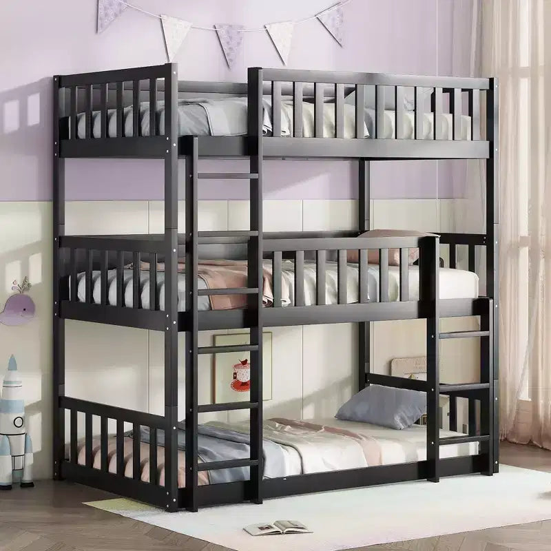 Lit superposé triple en bois d'hévéa, taille double, détachable, avec échelles et garde-corps Whisen