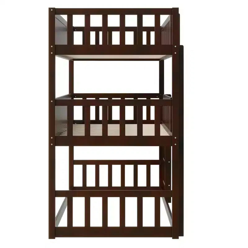 Lit superposé triple en bois d'hévéa, taille double, détachable, avec échelles et garde-corps Whisen