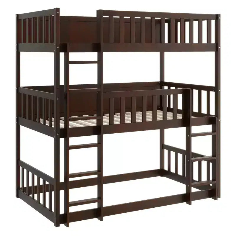 Lit superposé triple en bois d'hévéa, taille double, détachable, avec échelles et garde-corps Whisen