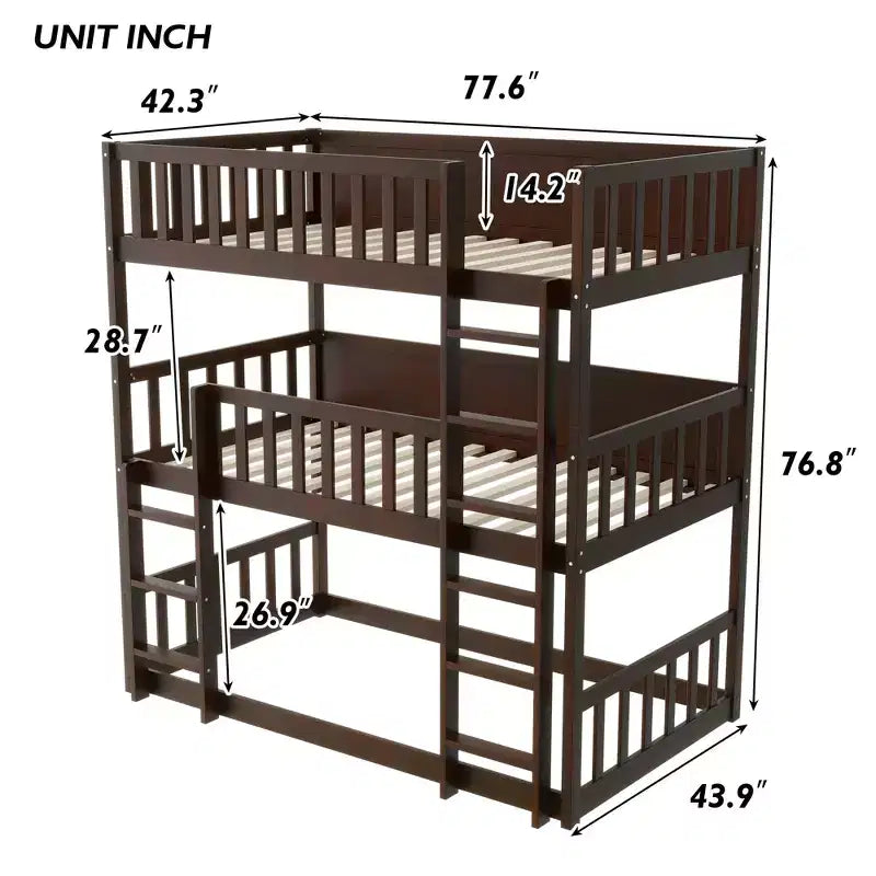 Lit superposé triple en bois d'hévéa, taille double, détachable, avec échelles et garde-corps Whisen