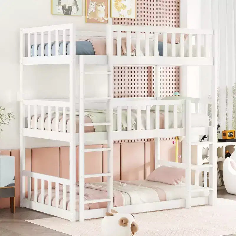 Lit superposé triple en bois d'hévéa, taille double, détachable, avec échelles et garde-corps Whisen