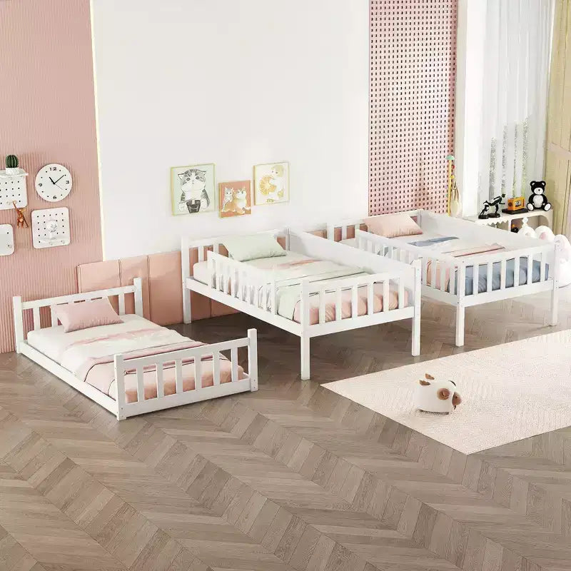 Lit superposé triple en bois d'hévéa, taille double, détachable, avec échelles et garde-corps Whisen