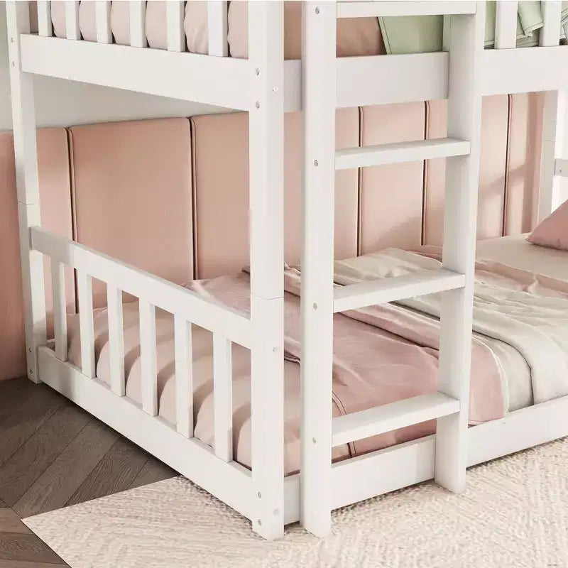 Lit superposé triple en bois d'hévéa, taille double, détachable, avec échelles et garde-corps Whisen