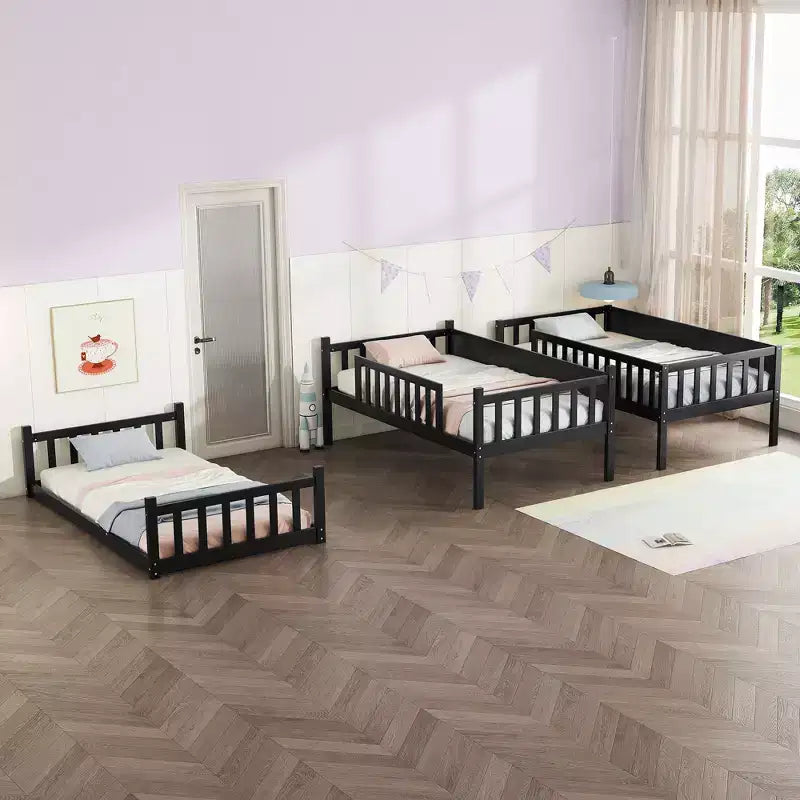 Lit superposé triple en bois d'hévéa, taille double, détachable, avec échelles et garde-corps Whisen