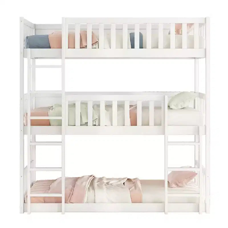 Lit superposé triple en bois d'hévéa, taille double, détachable, avec échelles et garde-corps Whisen