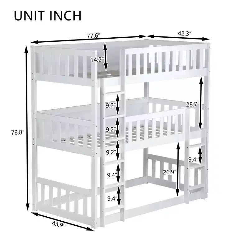 Lit superposé triple en bois d'hévéa, taille double, détachable, avec échelles et garde-corps Whisen