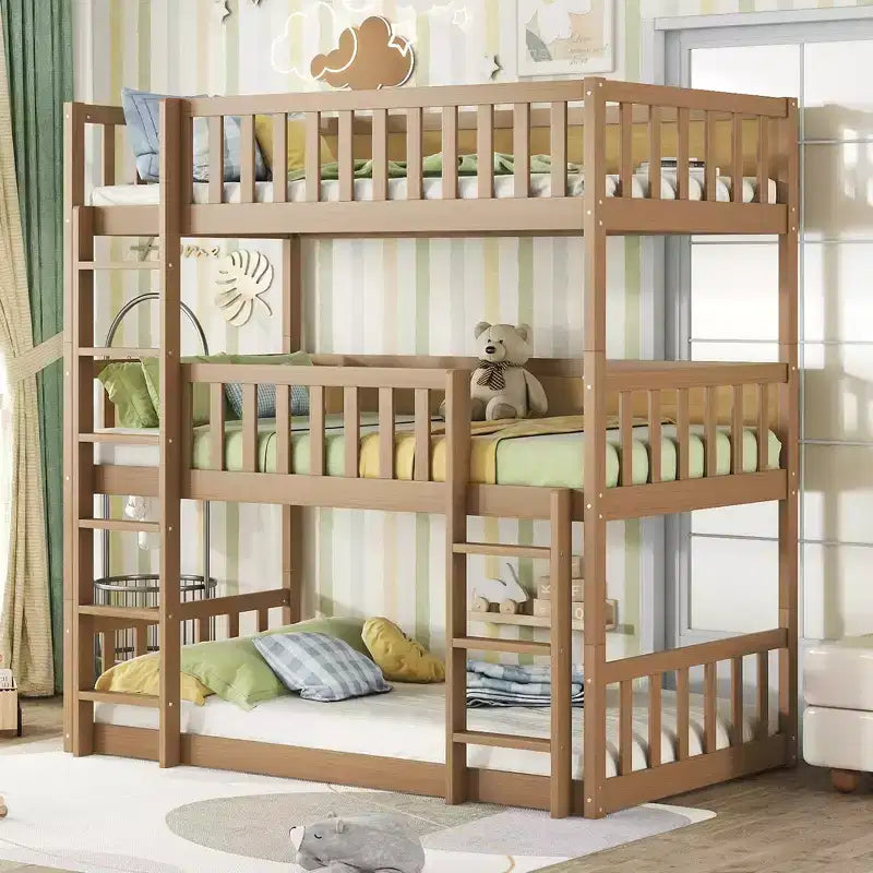 Lit superposé triple en bois d'hévéa, taille double, détachable, avec échelles et garde-corps Whisen