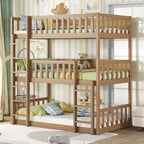Lit superposé triple en bois d'hévéa, taille double, détachable, avec échelles et garde-corps Whisen