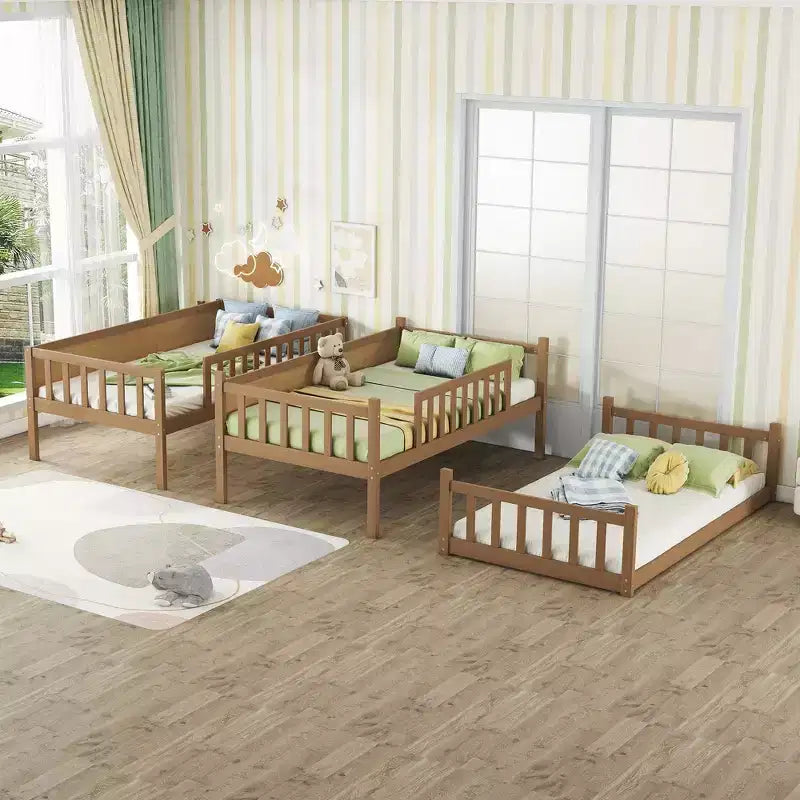 Lit superposé triple en bois d'hévéa, taille double, détachable, avec échelles et garde-corps Whisen