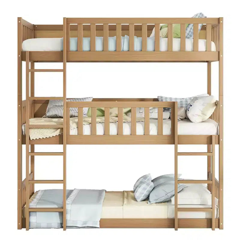 Lit superposé triple en bois d'hévéa, taille double, détachable, avec échelles et garde-corps Whisen