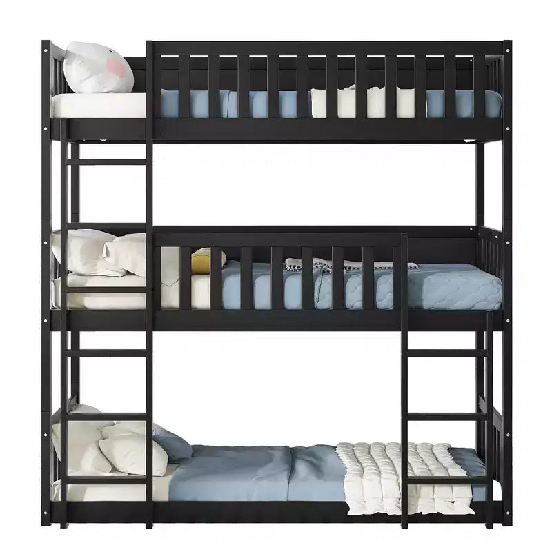 Lit superposé triple en bois d'hévéa, taille double, détachable, avec échelles et garde-corps Whisen