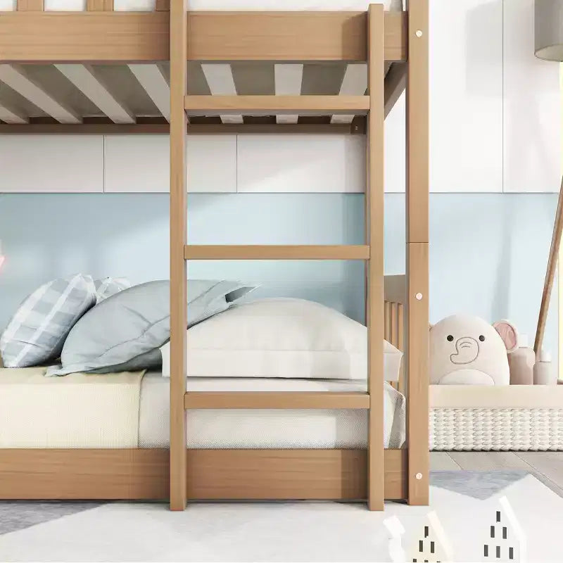 Lit superposé triple en bois d'hévéa, taille double, détachable, avec échelles et garde-corps Whisen