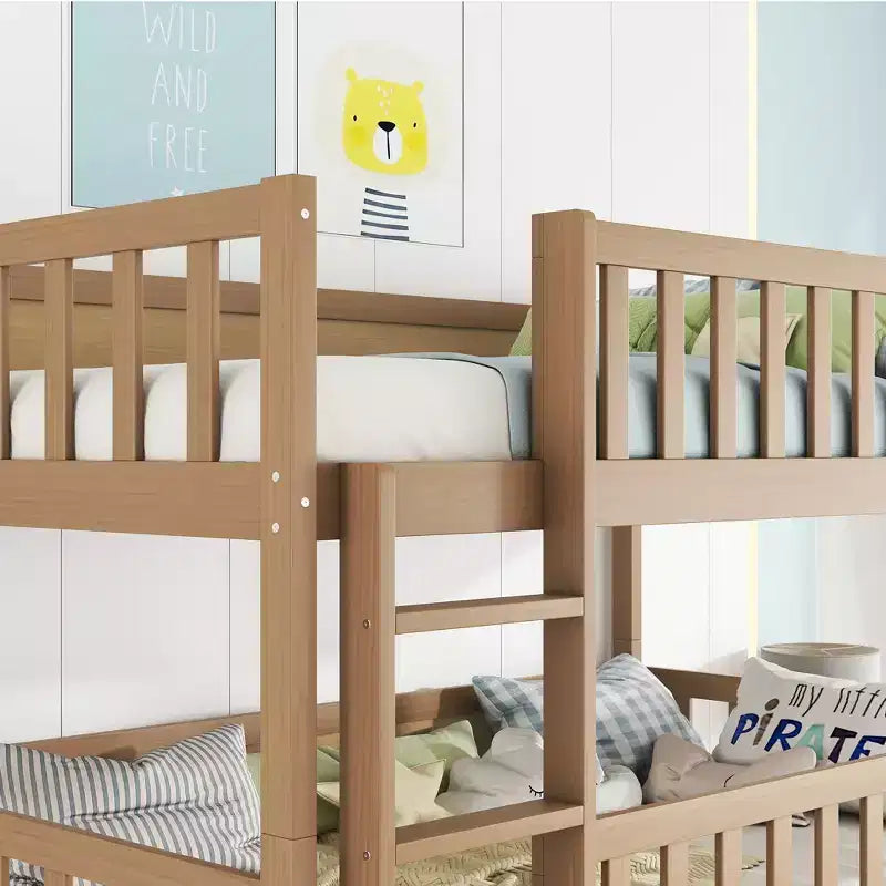 Lit superposé triple en bois d'hévéa, taille double, détachable, avec échelles et garde-corps Whisen
