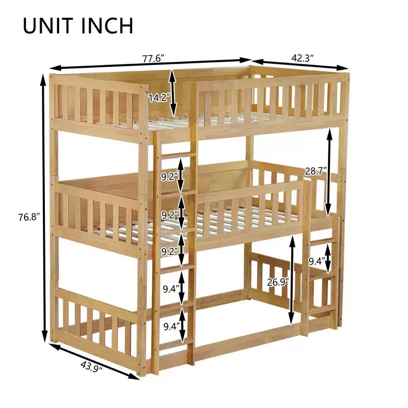 Lit superposé triple en bois d'hévéa, taille double, détachable, avec échelles et garde-corps Whisen