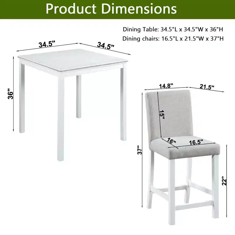 Ensemble de salle à manger 5 pièces à hauteur de comptoir : table carrée en bois, 4 chaises rembourrées avec décor en cristal, idéal pour la cuisine