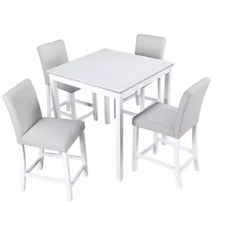 Ensemble de salle à manger 5 pièces à hauteur de comptoir : table carrée en bois, 4 chaises rembourrées avec décor en cristal, idéal pour la cuisine
