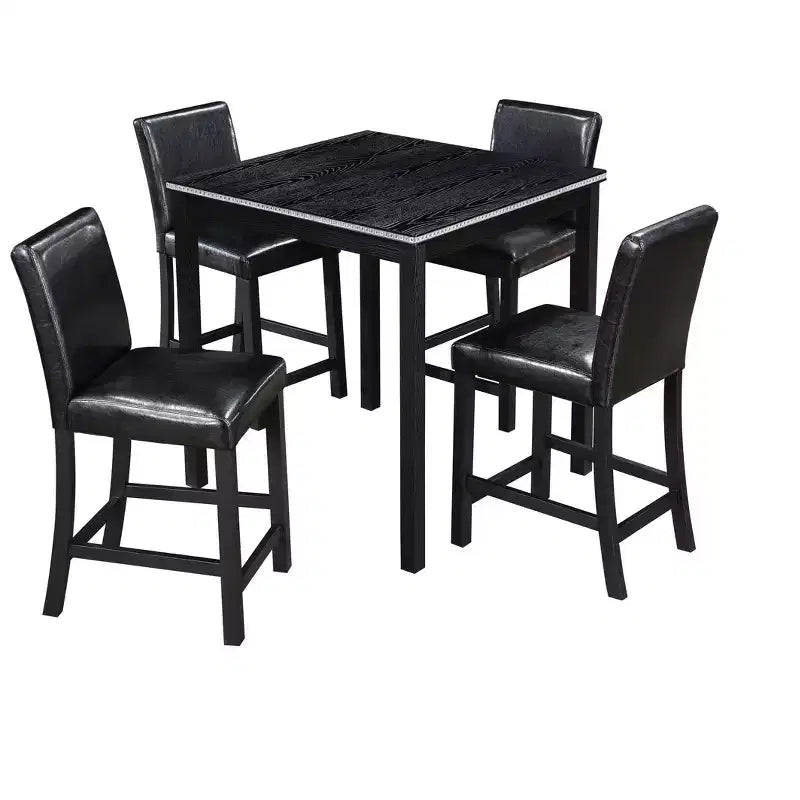 Ensemble de salle à manger 5 pièces à hauteur de comptoir : table carrée en bois, 4 chaises rembourrées avec décor en cristal, idéal pour la cuisine