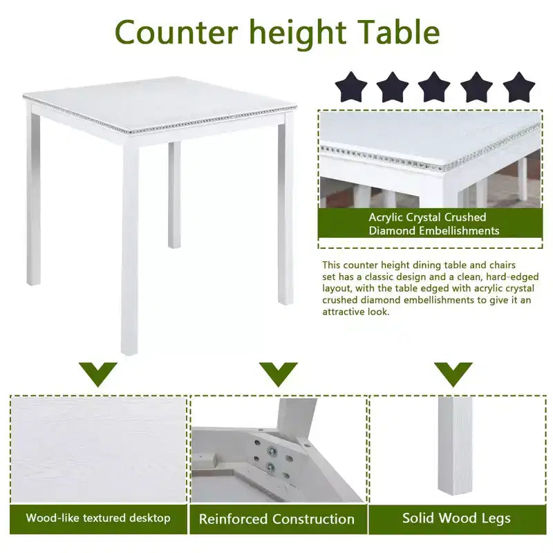 Ensemble de salle à manger 5 pièces à hauteur de comptoir : table carrée en bois, 4 chaises rembourrées avec décor en cristal, idéal pour la cuisine