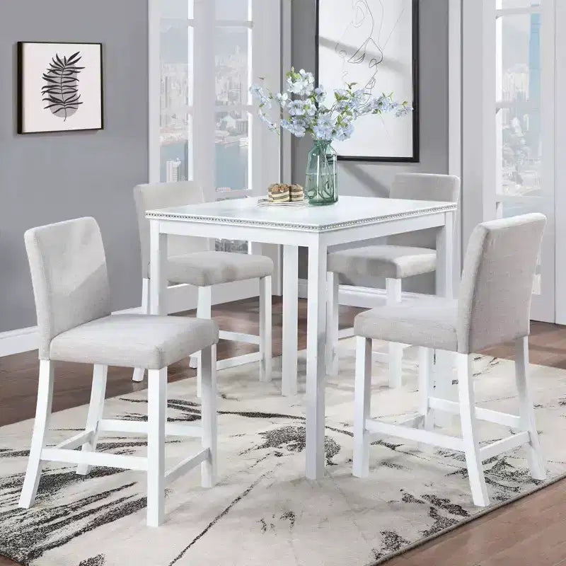 Ensemble de salle à manger 5 pièces à hauteur de comptoir : table carrée en bois, 4 chaises rembourrées avec décor en cristal, idéal pour la cuisine