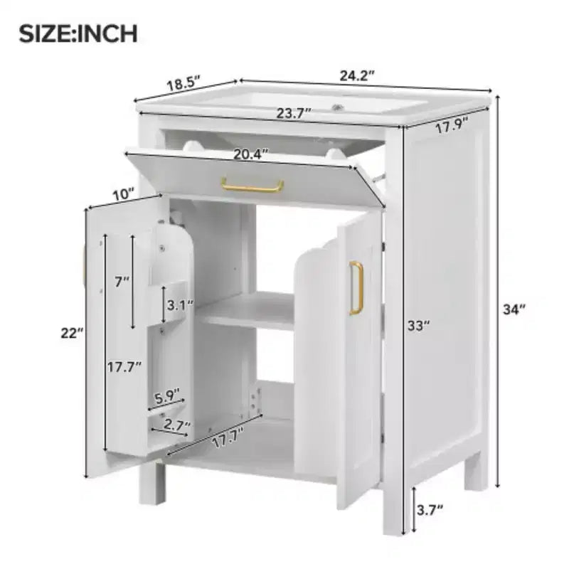 Meuble de salle de bain de 61 cm avec lavabo en céramique, coiffeuse luxueuse et peu encombrante
