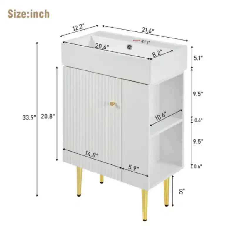 Meuble-lavabo de salle de bain blanc de 21,6, meuble combiné, meuble de rangement de salle de bain, évier simple en céramique, rangement côté droit
