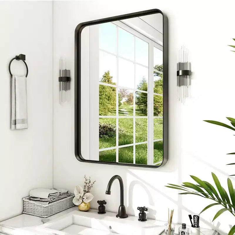 Miroir mural rectangulaire en alliage d'aluminium enduit noir brillant à bords incurvés