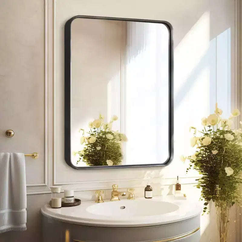 Miroir mural rectangulaire en alliage d'aluminium enduit noir brillant à bords incurvés