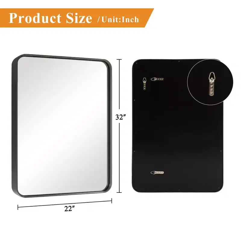 Miroir mural rectangulaire en alliage d'aluminium enduit noir brillant à bords incurvés