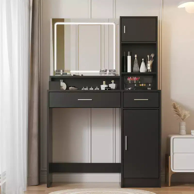 Coiffeuse 35,4W avec Miroir et Bande LED, Table de Maquillage avec Tiroirs, Commode de Rangement à 3 Niveaux et 3 Modes d'Éclairage - ModernLuxe