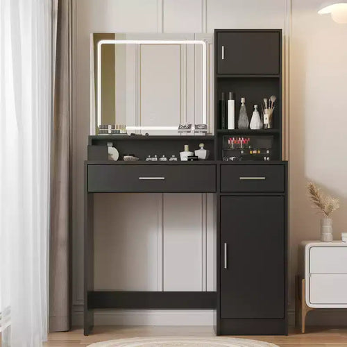 Coiffeuse 35,4W avec Miroir et Bande LED, Table de Maquillage avec Tiroirs, Commode de Rangement à 3 Niveaux et 3 Modes d'Éclairage - ModernLuxe