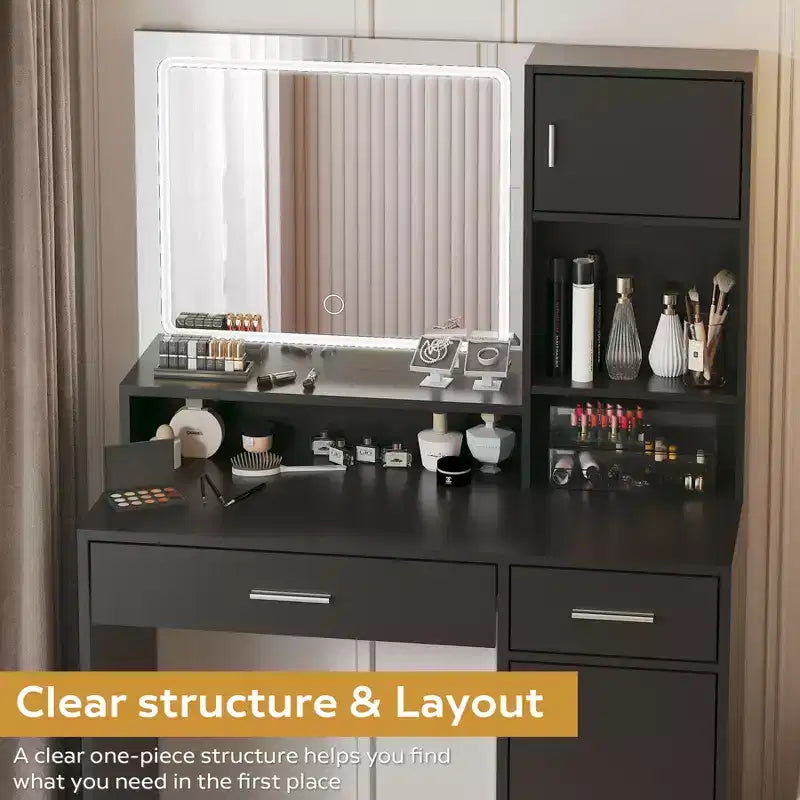Coiffeuse 35,4W avec Miroir et Bande LED, Table de Maquillage avec Tiroirs, Commode de Rangement à 3 Niveaux et 3 Modes d'Éclairage - ModernLuxe