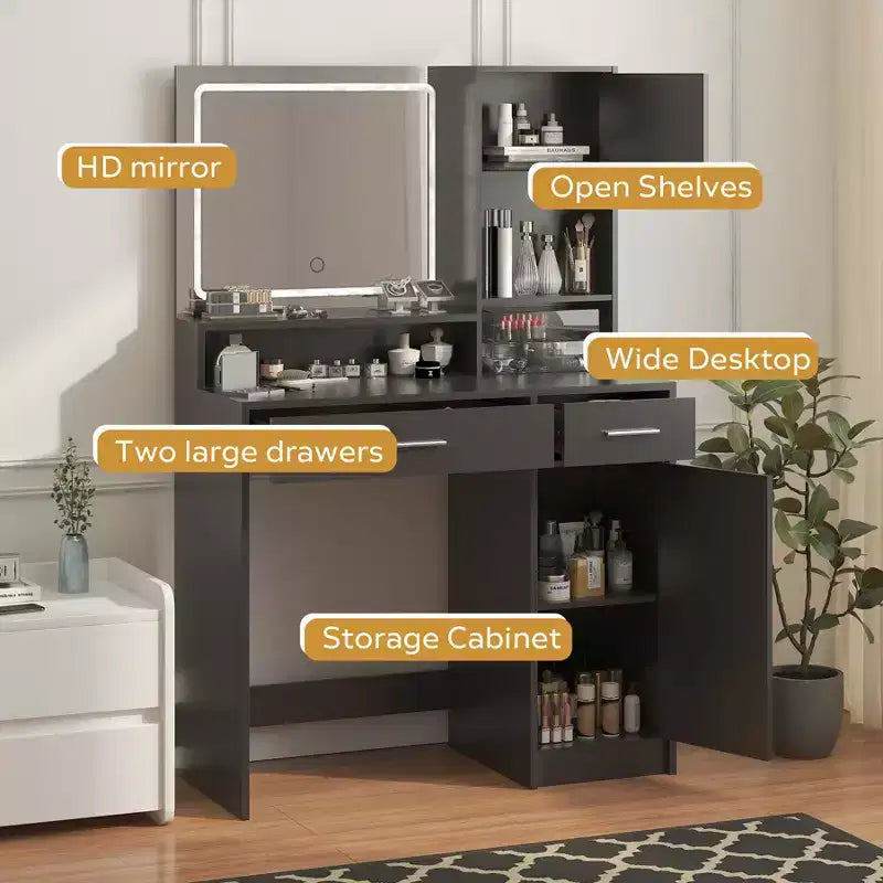Coiffeuse 35,4W avec Miroir et Bande LED, Table de Maquillage avec Tiroirs, Commode de Rangement à 3 Niveaux et 3 Modes d'Éclairage - ModernLuxe