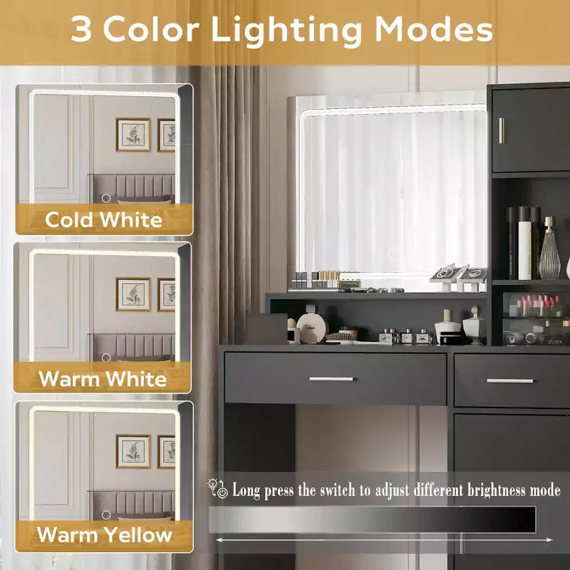 Coiffeuse 35,4W avec Miroir et Bande LED, Table de Maquillage avec Tiroirs, Commode de Rangement à 3 Niveaux et 3 Modes d'Éclairage - ModernLuxe