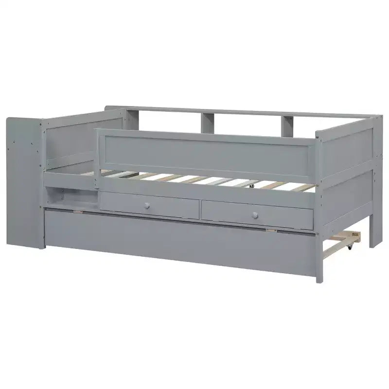 Lit de repos double multifonctionnel Whisen avec tiroirs et lit gigogne, rangement de tête de lit et tables, station de recharge USB