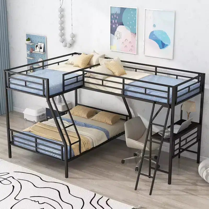 Whisen 117.3L x 78W Lit superposé en L moderne double sur lit superposé complet avec lit mezzanine double et bureau intégré