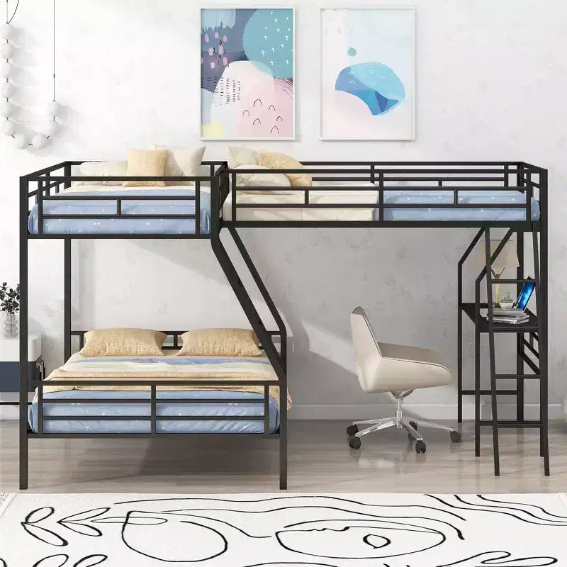 Whisen 117.3L x 78W Lit superposé en L moderne double sur lit superposé complet avec lit mezzanine double et bureau intégré