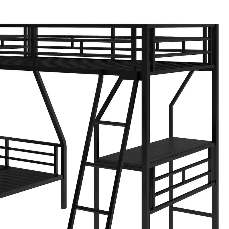 Whisen 117.3L x 78W Lit superposé en L moderne double sur lit superposé complet avec lit mezzanine double et bureau intégré