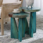 Tables gigognes rondes Uttermost Modern Rich Blue Green Stain Wood, lot de 2, pieds triangulaires pour salon, chambre à coucher, chevet, entrée