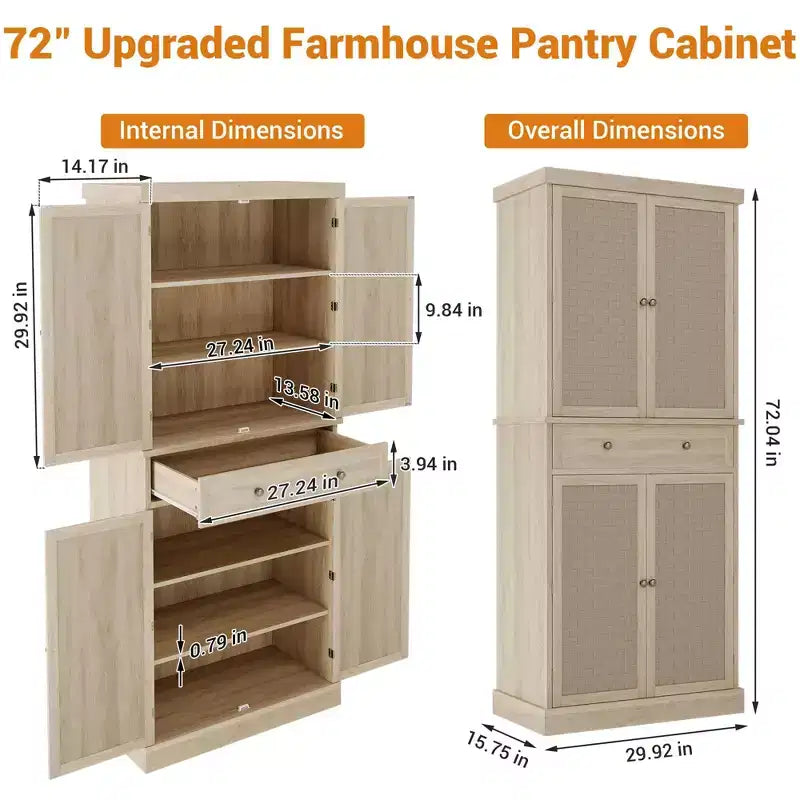 Meuble de Garde-Manger, Armoires de Cuisine avec Portes et Étagères, Garde-Manger Haut de 183 cm en Rotin Style Ferme avec Tiroirs pour Salle à Manger, Salon